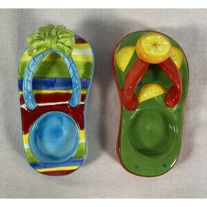 New Two Porcelain Tea Light Candle Holders Flip Flop Shape Nantucket Home